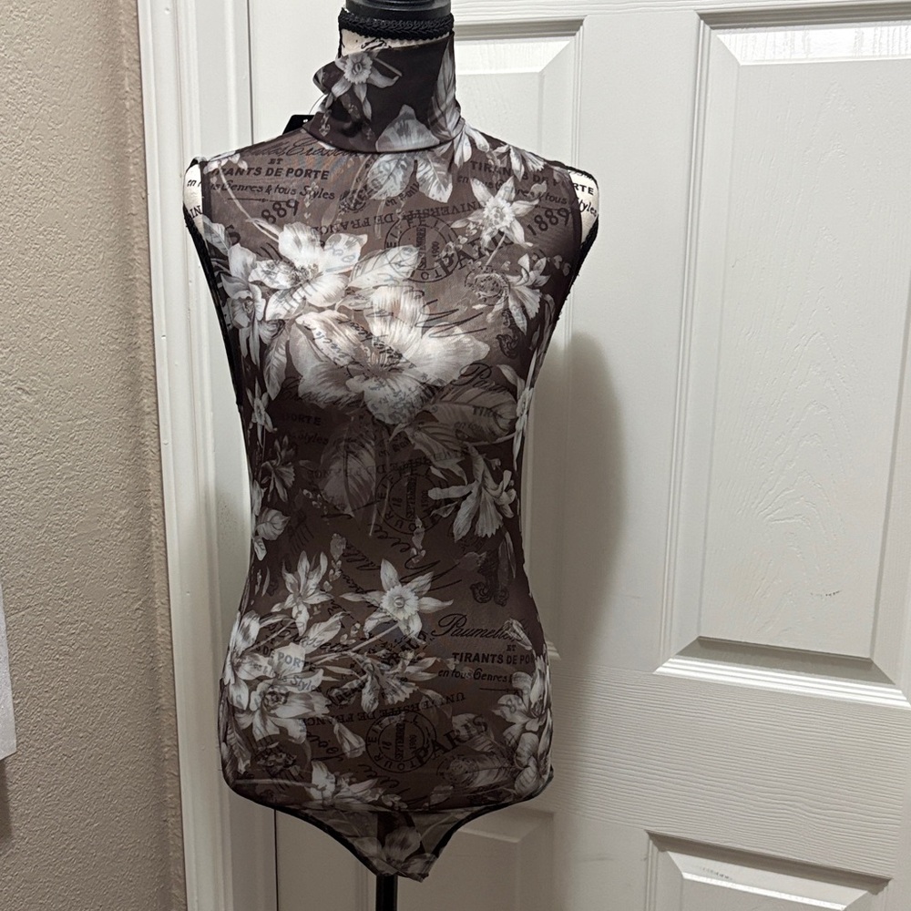 Express Black Sheer Floral Mock Neck Bodysuit